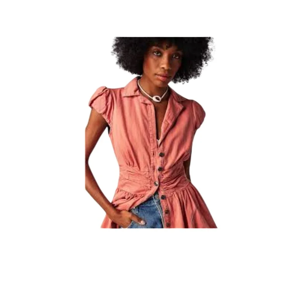 Free People Women Terracotta Cotton Button Front Puff Sleeve Mini Dress-M